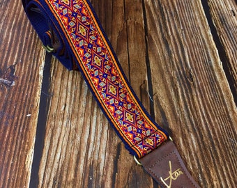 Handmade 60s 70s Magic Carpet Guitar Strap in Clapton by VTAR, Made with Vegan Leather. For Acoustic, Bass and Electric (Blue Hemp)