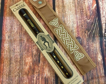 Original Black Clarkes Tin Whistle in key of D with Handmade Irish Whistle Case by Dannan in Brown Vegan Leather with Celtic Embroidery