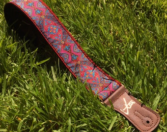 Handmade Lady Jane Psychedelic Hemp Guitar - Bass Strap with Brass Details and Brown Vegan Leather by VTAR