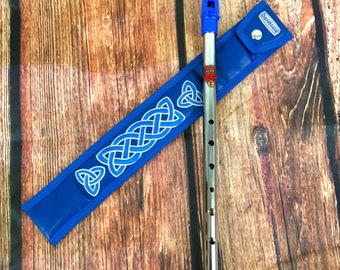 Blue Tin Whistle in key of C by Feadog with Handmade Irish Whistle Case / Sleeve by Dannan in Blue Vegan Leather with Celtic Embroidery