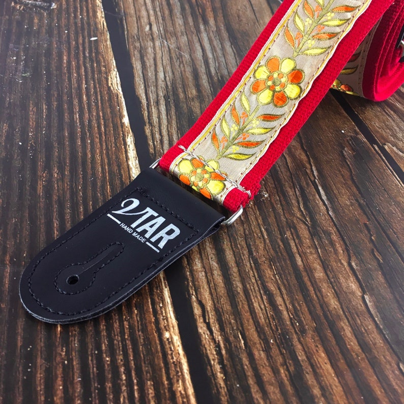 Handmade 60's Jimi Hendrix Style Floral Hippie Guitar Strap by VTAR, Made with Vegan Leather and Red Hemp For Acoustic, Bass and Electric image 2