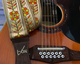 Handmade 60’s Style Orange Yellow Floral Hippie Hemp Guitar Strap by VTAR, Made with Vegan Leather on Beige Hemp