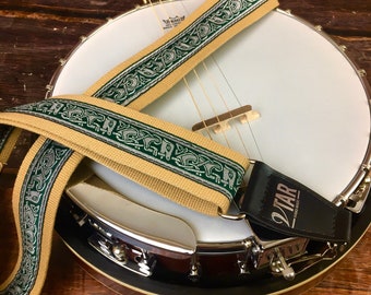 Handmade Irish Celtic Hemp Banjo Strap by VTAR, Made with Vegan Leather. Faux Leather Ends (Beige Hemp)