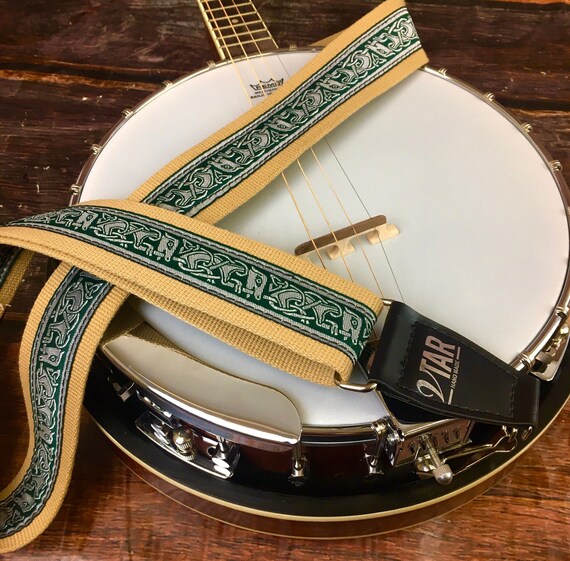 Handmade Irish Celtic Hemp Banjo Strap by VTAR, Made With Vegan Leather.  Faux Leather Ends beige Hemp 