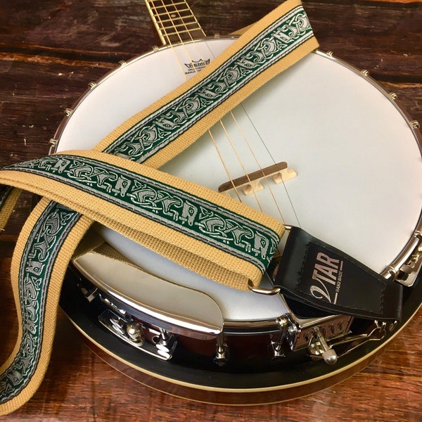 Handmade Irish Celtic Hemp Banjo Strap by VTAR, Made with Vegan Leather. Faux Leather Ends (Beige Hemp)
