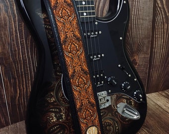 Handmade Retro 60's 70's Luxury Jacquard Guitar Strap by VTAR, Made with Vegan Leather For Acoustic, Bass and Electric - in Norwegian Wood