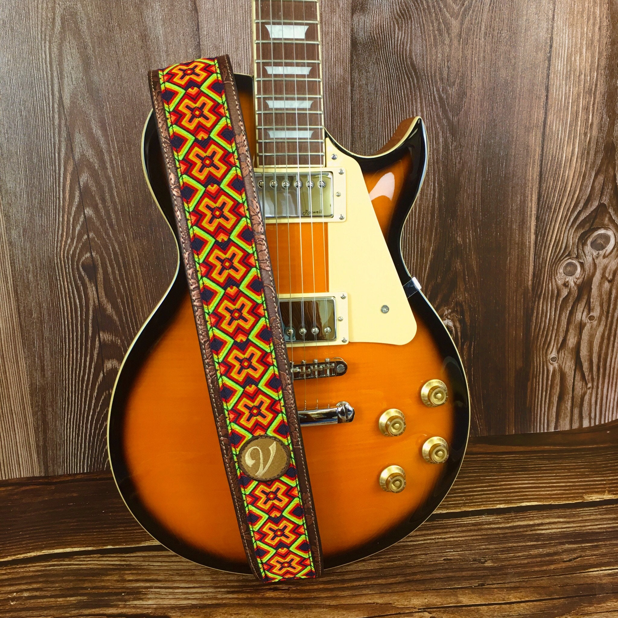 Handmade Psychedelic Reggae Aztec 60s 70s Psychedelic Guitar Strap by VTAR,  Vegan Leather For Acoustic, Bass and Electric