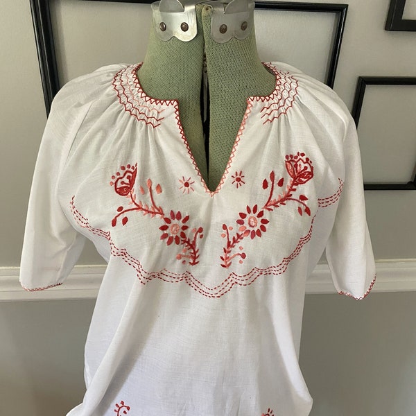 Vintage 1960s White Peasant Tunic with Red Embroidered Flowers