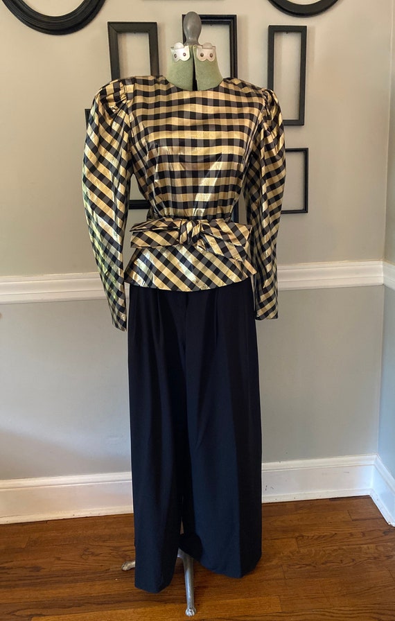 Vintage 1980s Metallic Gold and Black Plaid Blous… - image 1