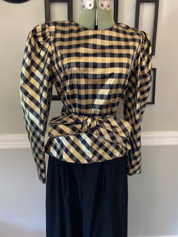 Vintage 1980s Metallic Gold and Black Plaid Blous… - image 2