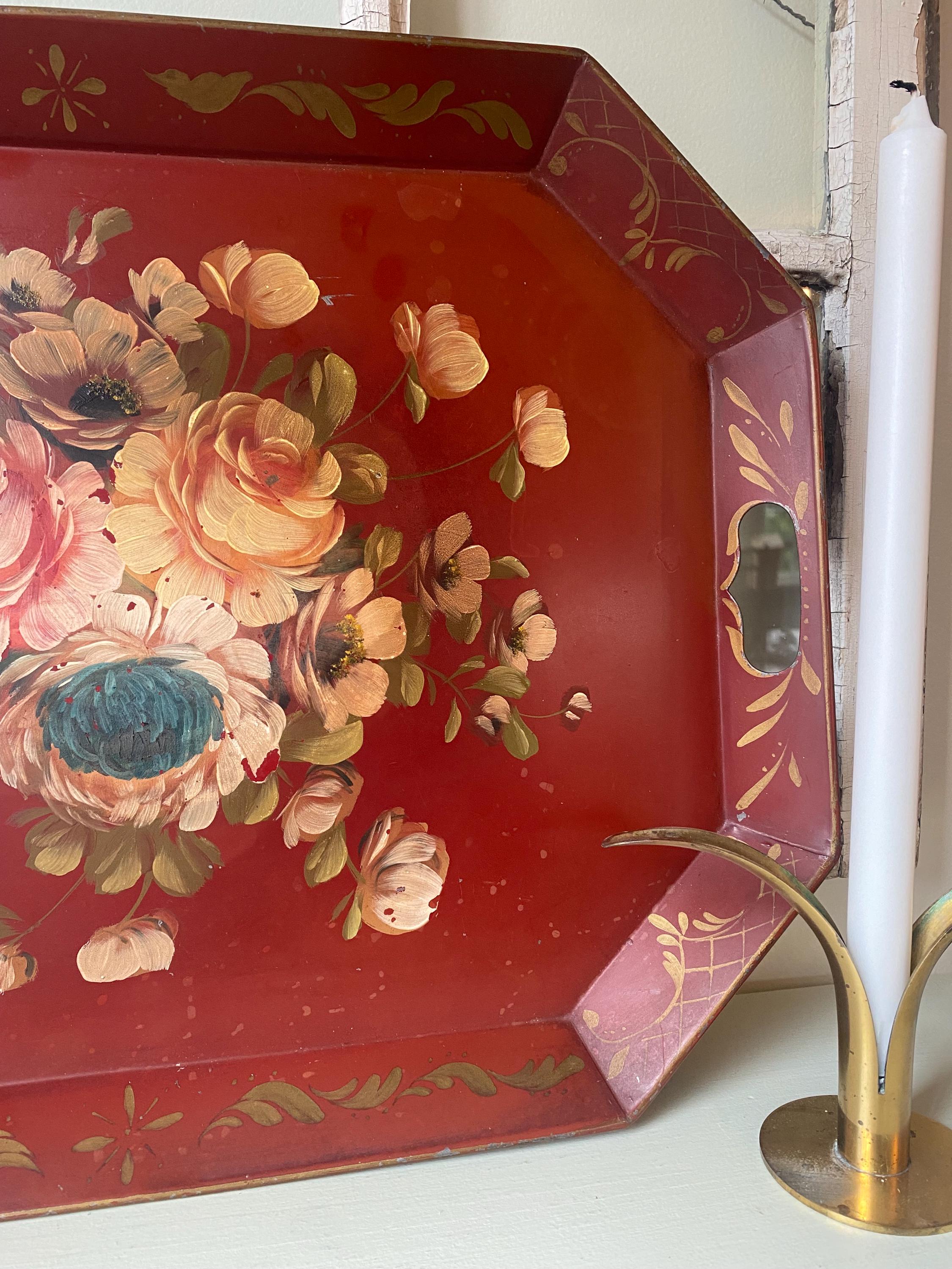 Vintage 1960s/70s Hand Painted Red Toleware Decorative Tray-floral 