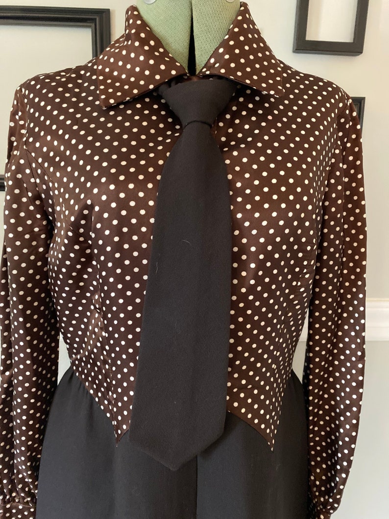 Vintage 1960s Chocolate Brown Power Suit Dress with Matching Jacket and Tie image 1