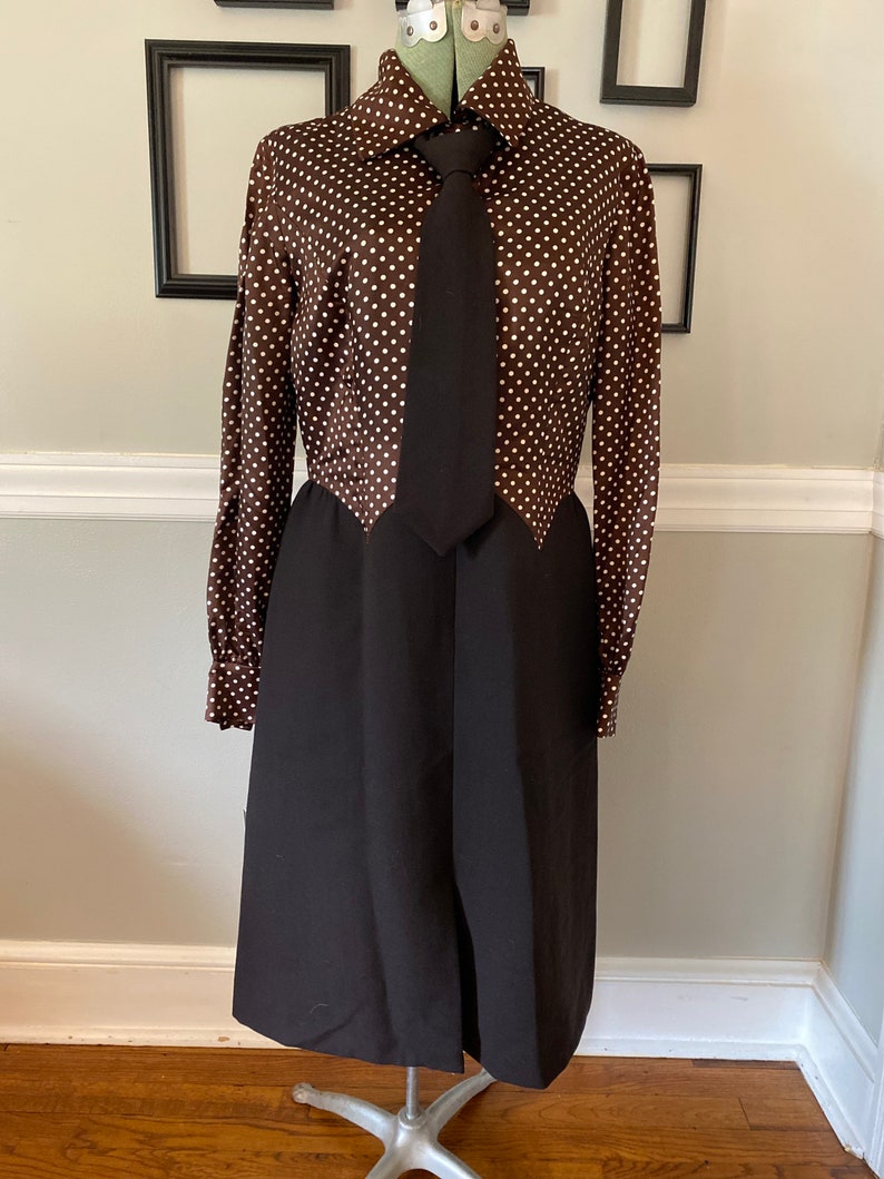 Vintage 1960s Chocolate Brown Power Suit Dress with Matching Jacket and Tie image 7