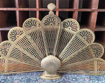 Vintage MCM Brass Shell Fire Screen-Peacock Fire Screen