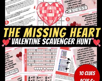 Valentines Day Themed Scavenger Hunt For Kids, Printable Kids Treasure Hunt, Party Game, Room Puzzles, Secret Code Puzzles