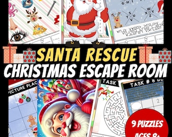 May include: A colorful Christmas escape room game with 9 puzzles for ages 8 and up. The game features a Santa Claus illustration, a maze, and a picture placement puzzle.