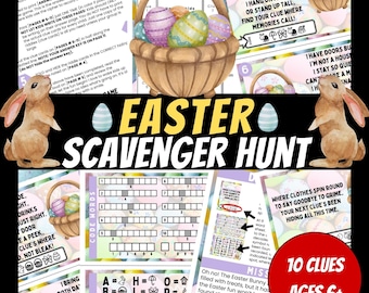 May include: A colorful Easter scavenger hunt game with 10 clues for ages 6 and up. The game includes a code word puzzle, a missing symbol puzzle, and a riddle card with a bunny illustration. The game is designed to be played indoors or outdoors.