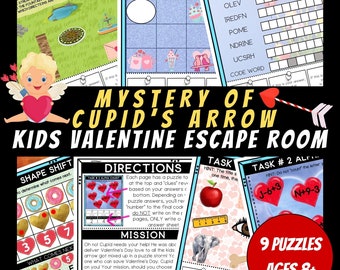 Printable Valentine's Day Escape Room, Birthday Party Games, Kids Puzzles, Printable Party Games, Valentines Day Cupid's Arrow Theme