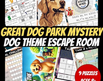 犬をテーマにした子供向け脱出ゲーム、誕生日パーティーゲーム、子供向けパズル、印刷可能なパーティーゲーム、子供向け脱出ゲーム、雨の日のアクティビティ