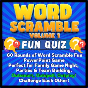 May include: A blue background with the words "WORD SCRAMBLE" in yellow and orange. The text "FUN QUIZ" is in white. The image promotes a PowerPoint game with 60 rounds of word scramble fun for family game nights and parties.