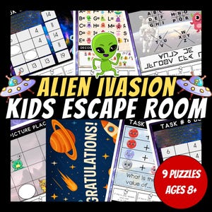 Ontsnappingsruimte met alieninvasiethema voor kinderen, spelletjes voor verjaardagsfeestjes, escape room kit, puzzelspel voor kinderen, afdrukbaar feestspel, familiespel-avond