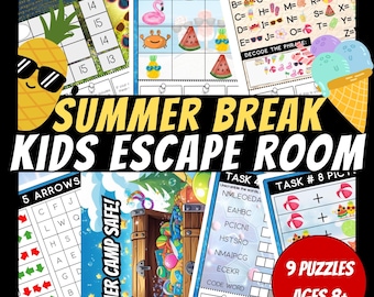 Kit de escape room para vacaciones de verano, juegos para fiestas de cumpleaños, rompecabezas para niños, juego imprimible, juegos para fiestas de cumpleaños, escape room para niños