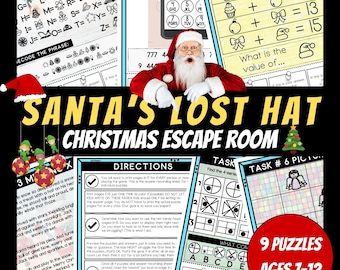 May include: Santa's Lost Hat Christmas Escape Room is a printable game for ages 7-12. The game features 9 puzzles, including a code-breaking puzzle, a 4-series puzzle, and a picture puzzle. The game is designed to be played by one or more players.
