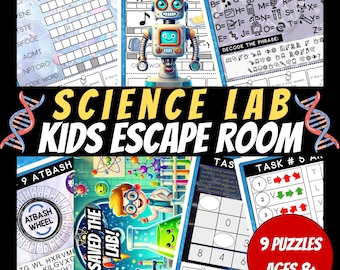 May include: A colorful Science Lab Kids Escape Room game with puzzles and activities. The image features a robot, a boy in a lab, and various puzzle sheets. The text includes "Science Lab Kids Escape Room", "9 Puzzles", and "Ages 8+".