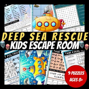 Afdrukbare doe-het-zelf-ontsnappingsruimte voor kinderen, verjaardagsspellen, puzzels voor kinderen, afdrukbare gezelschapsspellen, Submarine Ocean Escape Room-kit