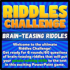 Puede incluir: Gráfico cuadrado con las palabras "RIDDLES CHALLENGE" en amarillo y naranja, y "BRAIN-TEASING RIDDLES" en blanco. También está presente el texto "Welcome to the ultimate Riddles Challenge!", junto con detalles sobre el juego.
