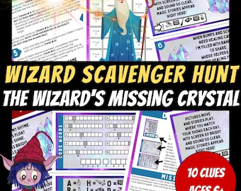 May include: A colorful scavenger hunt game for kids ages 6 and up. The game features a wizard with a blue robe and a long white beard. The game includes 10 clues and a code word puzzle. The game is titled "Wizard Scavenger Hunt: The Wizard's Missing Crystal".