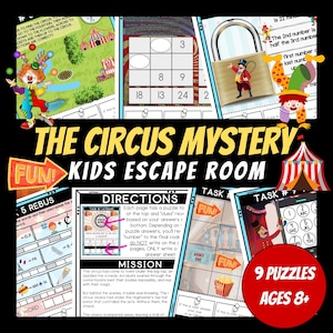 May include: A colourful printable escape room game for kids featuring a circus theme. The game includes 9 puzzles and is recommended for ages 8 and up. The title of the game is "The Circus Mystery Fun! Kids Escape Room".