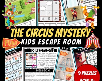 Printable Escape Room For Kids, Birthday Party Games, Kids Puzzles, Printable Party Games, Circus Theme, Circus Escape Room, Circus Mystery