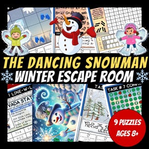 Puede incluir: Un juego de escape room de invierno colorido con una ilustración de un muñeco de nieve bailando. El juego incluye 9 rompecabezas y se recomienda para niños de 8 años en adelante. El texto en el juego dice "The Dancing Snowman Winter Escape Room".