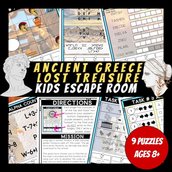 Printable Ancient Greece Escape Room For Kids, Birthday Party Games, Kids Puzzles, Printable Party Games, Rainy Day Activity