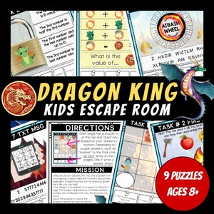 Pode incluir: Uma atividade de escape room imprimível colorida para crianças com tema de rei dragão. A atividade inclui 9 quebra-cabeças e é recomendada para crianças de 8 anos ou mais.