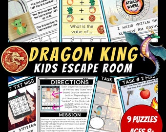 Può includere: Un'attività di escape room stampabile colorata per bambini con tema del re drago. L'attività include 9 puzzle ed è consigliata per bambini dai 8 anni in su.