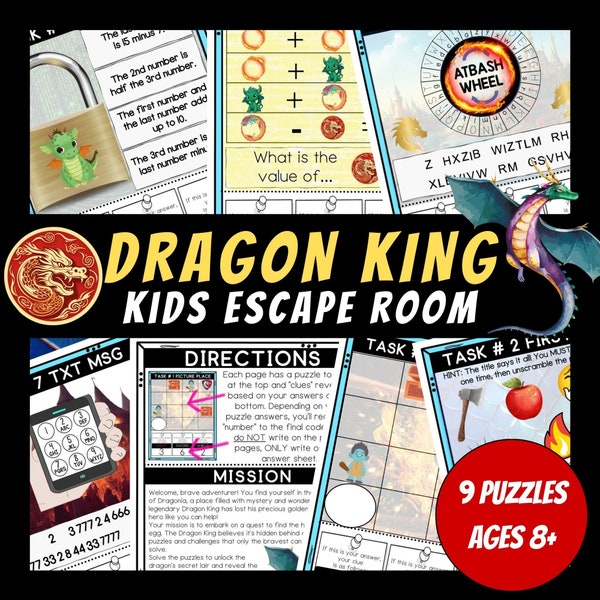 Escape Room imprimible para niños, juegos de fiesta de cumpleaños, rompecabezas para niños, juegos de fiesta imprimibles, Rey Dragón