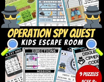 Printable Escape Room For Kids, Birthday Party Games, Kids Puzzles, Printable Party Games, Spy Theme, Secret Agent Party