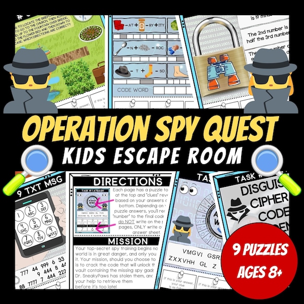 Printable Escape Room For Kids, Birthday Party Games, Kids Puzzles, Printable Party Games, Spy Theme, Secret Agent Party