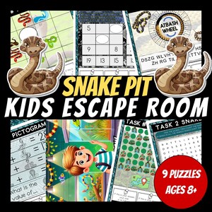 May include: A colourful printable escape room game for kids featuring a snake theme. The game includes 9 puzzles and is recommended for ages 8 and up. The title of the game is "Snake Pit Kids Escape Room".