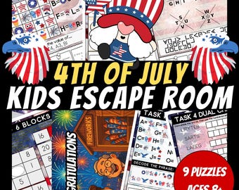 Escape Room del 4 luglio per bambini, puzzle per bambini, giochi di società stampabili, gioco di società stampabile, kit per escape room dell'indipendenza