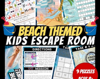 Escape Room con temática de playa para niños, juegos para fiestas de cumpleaños, kit de escape room, rompecabezas para niños, juego imprimible para fiestas, actividades para vacaciones de verano