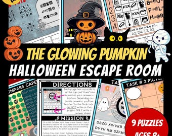 Può includere: Un gioco di escape room di Halloween con nove enigmi per bambini dai 8 anni in su. Il gioco presenta una zucca luminosa, una bussola, un fantasma e una mummia. Il testo sul gioco dice "The Glowing Pumpkin Halloween Escape Room".