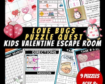 Printable Valentine's Day Escape Room, Birthday Party Games, Kids Puzzles, Printable Party Games, Valentines Day Love Bug Cupid Theme