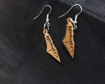 Palestine map olivewood Earrings with "palestine" arabic calligraphy engraved