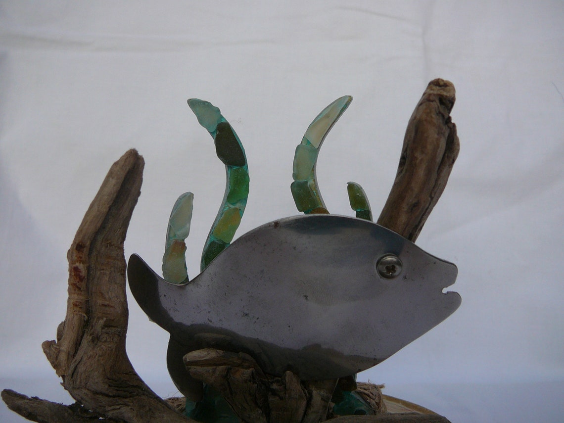 Small Metal Fish Sculpture/ornament on Driftwood and Tree Bark Etsy UK