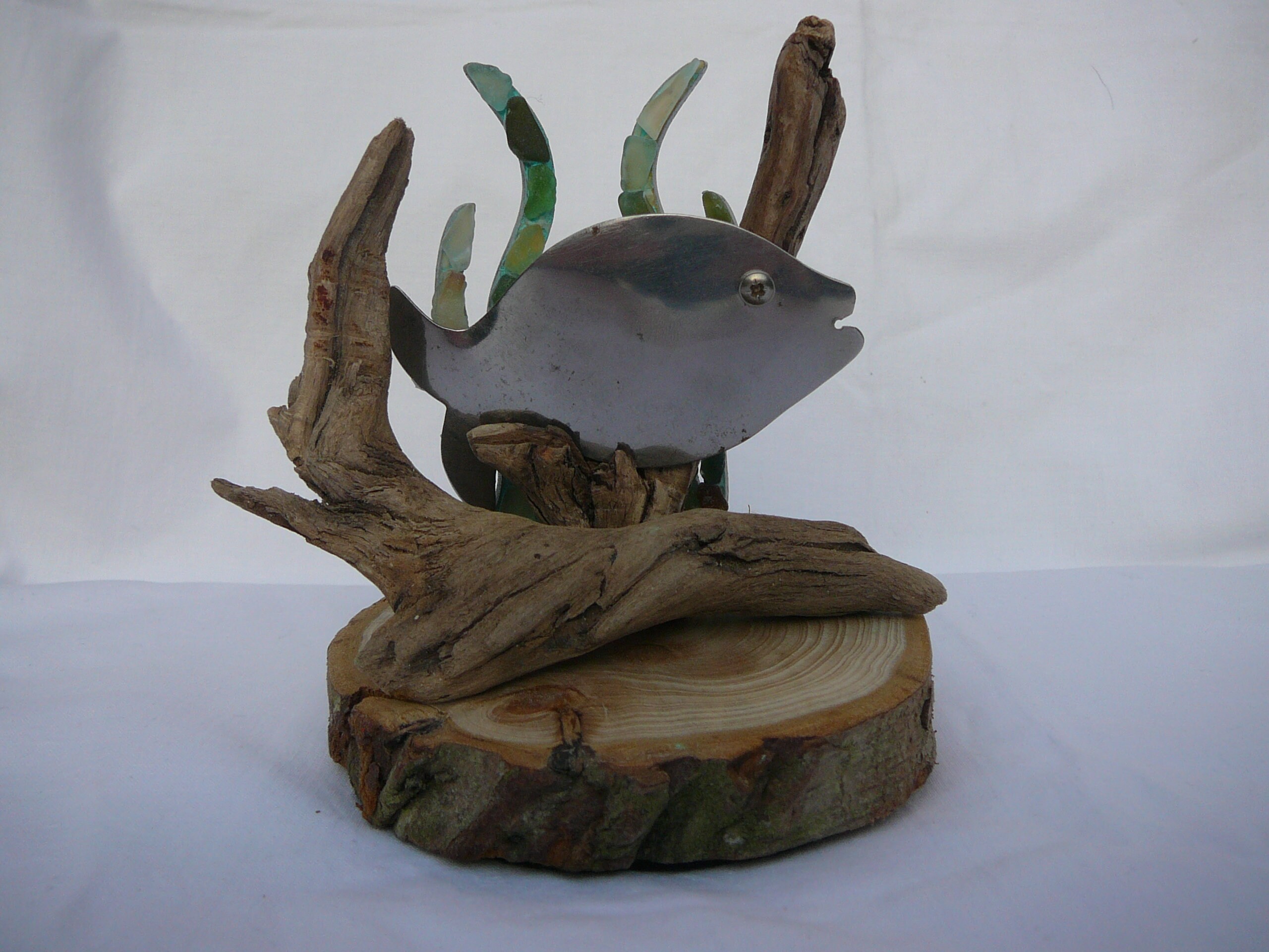 Small Metal Fish Sculpture/ornament on Driftwood and Tree Bark Etsy UK