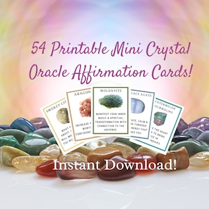 54 mini cartes d'affirmation d'Oracle en cristal imprimables, spirituel, tarot, sorcellerie, wicca, livre des ombres, prédicateur de bonne aventure, PDF, tableau de visualisation