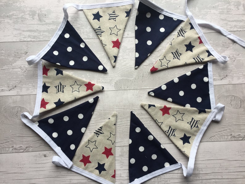 Handmade Garland Double Sided Cotton Bunting Navy Red Stars Spots